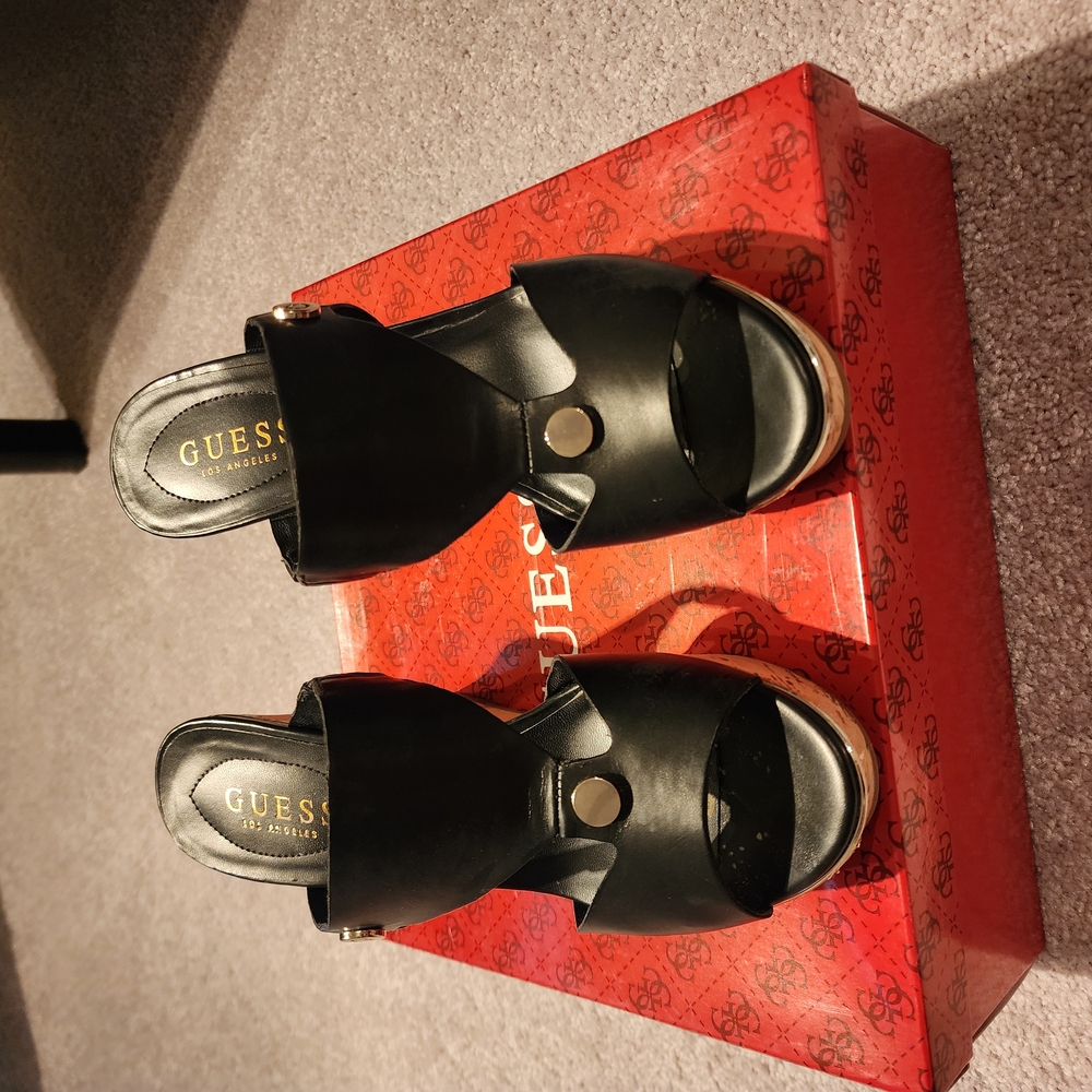 Guess Black Peep-Toe Mules